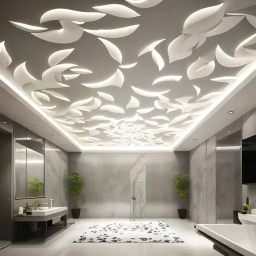 Prompt: Floral ceiling by CNC, minimalism floral, elegant minimalism design, high quality, 3D rendering, simple, 
artificial lighting, by small bathroom, false ceiling 2d
