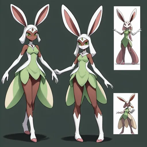 Prompt: Character design sheet fusion of Gardevoir and Lopunny, very feminine and humanoid looking