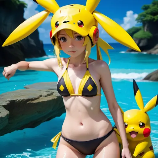 Prompt: humanoid pikachu, very feminine, swimsuit