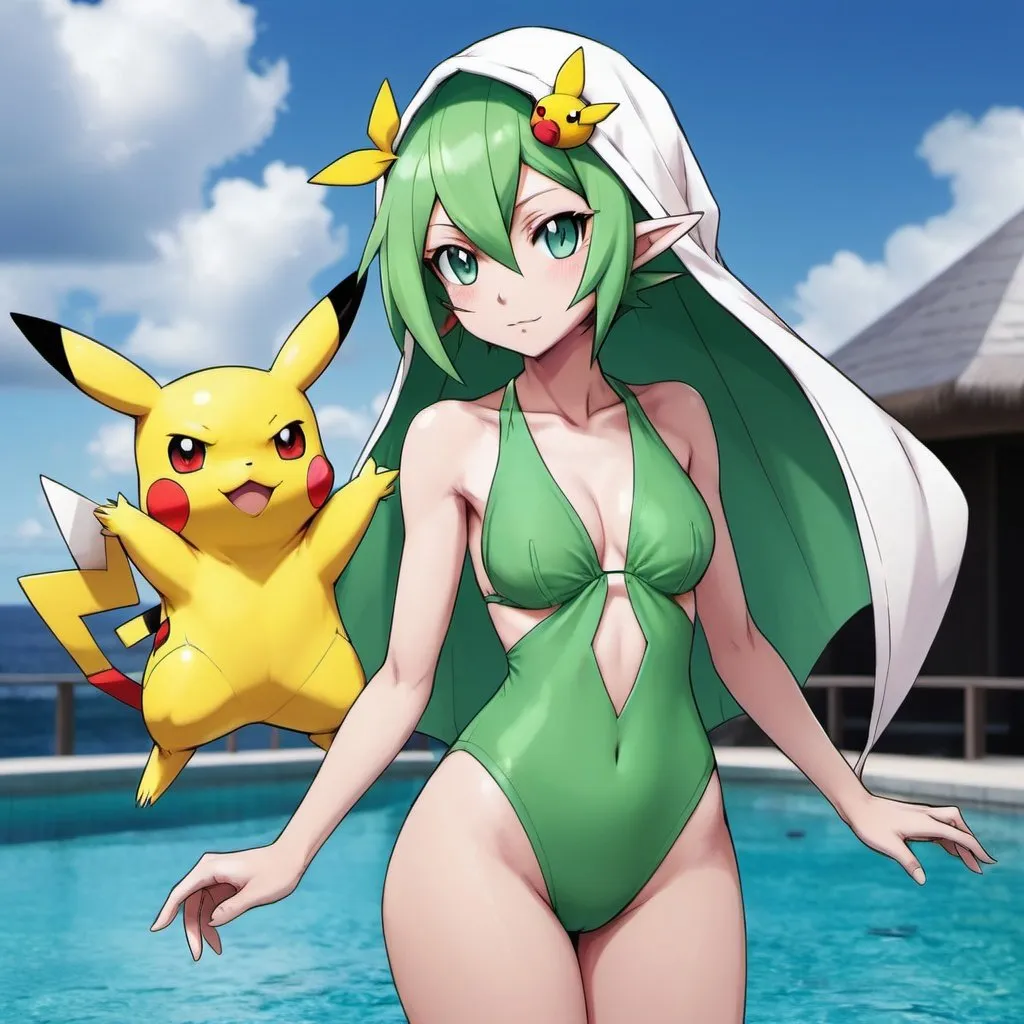 Prompt: fusion of gardevoir and pikachu, very feminine, swimsuit