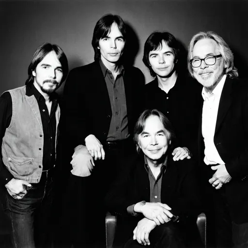 Prompt: Jackson Browne, John Prine, Warren Zevon and Jeffrey Bradley Dorwart in a circle

