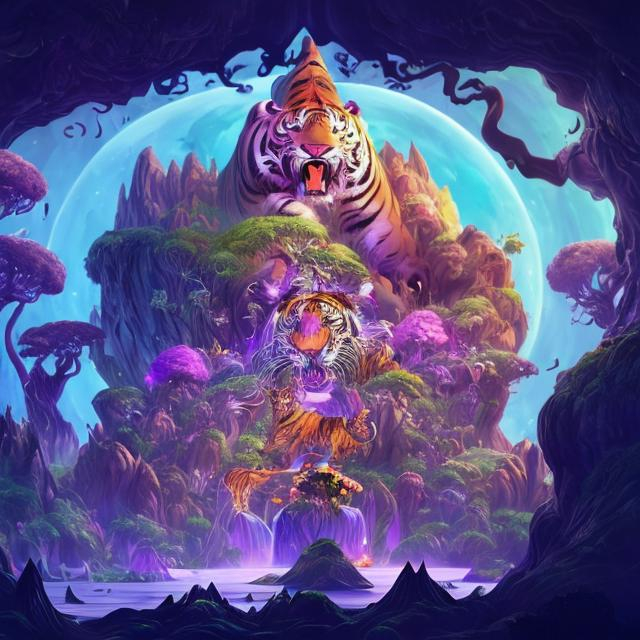 Prompt: a magic animal realm in the form of a floating island in space limbo, Island magic, tree in the center with animal forms carved into its trunk, There is a huge tiger cave with a tiger mouth for an entrance, color black ,blue ,violet, green