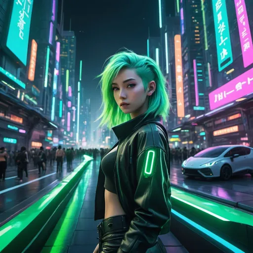 Prompt: <mymodel>Vibrant, futuristic cityscape with flying cars, neon-lit streets, towering skyscrapers, bustling crowds, dynamic perspective, 3D rendering, high-quality, cyberpunk, neon colors, dynamic lighting, bustling metropolis, futuristic architecture, highres, ultra-detailed, immersive atmosphere, with final fantasy green hair girl