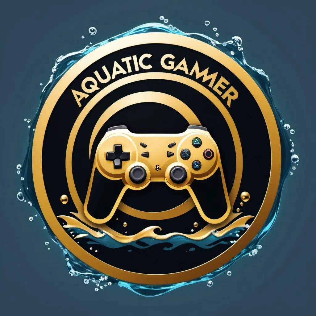 Prompt: A logo in the size of a circle that has a black and gold controller in it, and the logo says Aquatic Gamer in gold in the top of the logo and the logo is surrounded by water