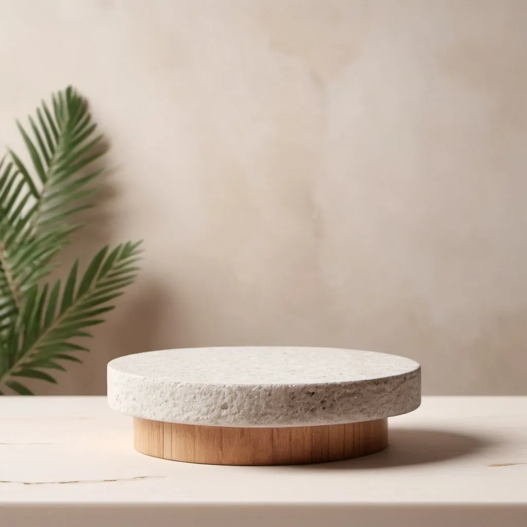 Prompt: Minimal podium for cosmetic product presentation made of stone and wood. Natural product present placement display, beauty product promotion mockup. Trendy minimalist natural background