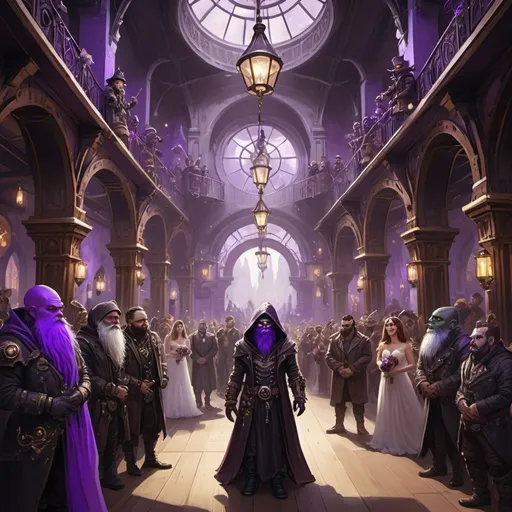 Prompt: Fantasy steampunk city. D&D style. Indoor purple decor wide open wedding hall. Hooded figure in black appearing out of a bright light portal in the middle of the wedding procession next to bride and groom. Steampunk guests visible orcs kobolds gnomes dwarves wizards. Balconies. Fantasy art. Character concept. Steampunk.