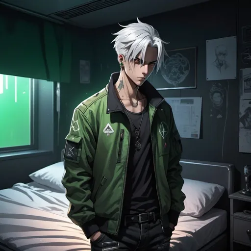 Prompt: Anime cyberpunk illustration of Ace, with piercing white hair, standing beside a bed, detailed emotional feeling, high-detailed, HD, dark background, futuristic, detailed character design, urban setting, intense lighting, green jacket, black jeans, atmospheric, professional