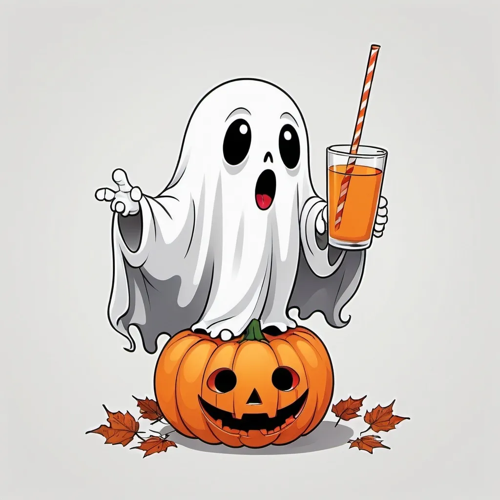 Prompt: a very simple picture Cute Ghost Drinking Drink Fall Halloween, white background

