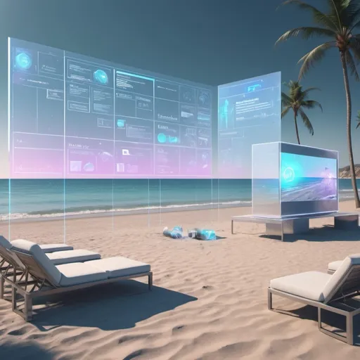 Prompt: Beach scenario 16:9 ratio, technologic composition with holographic elements showing a business forward event