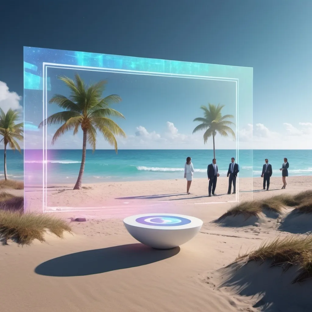 Prompt: Beach scenario 16:9 ratio, technologic composition with holographic elements showing a business forward event