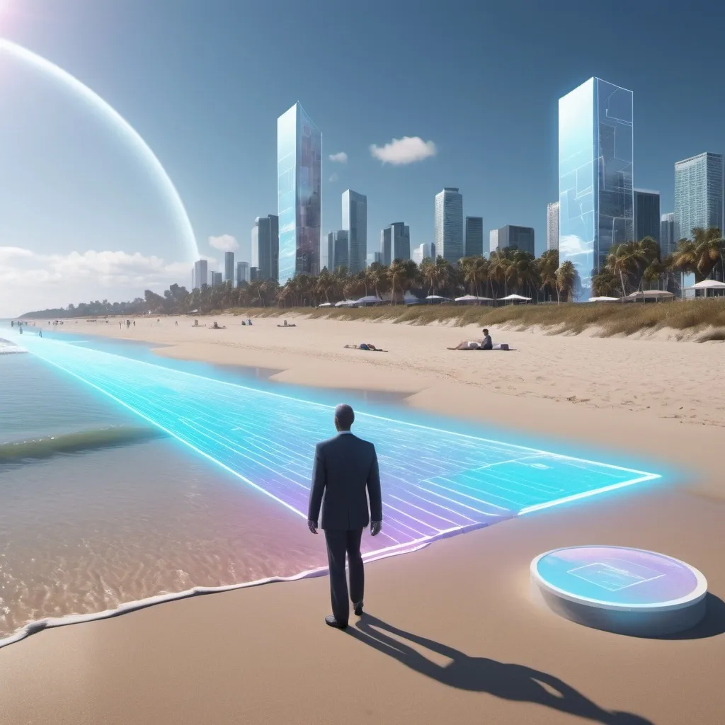 Prompt: Beach scenario 16:9 ratio, technologic composition with holographic elements showing a business forward event