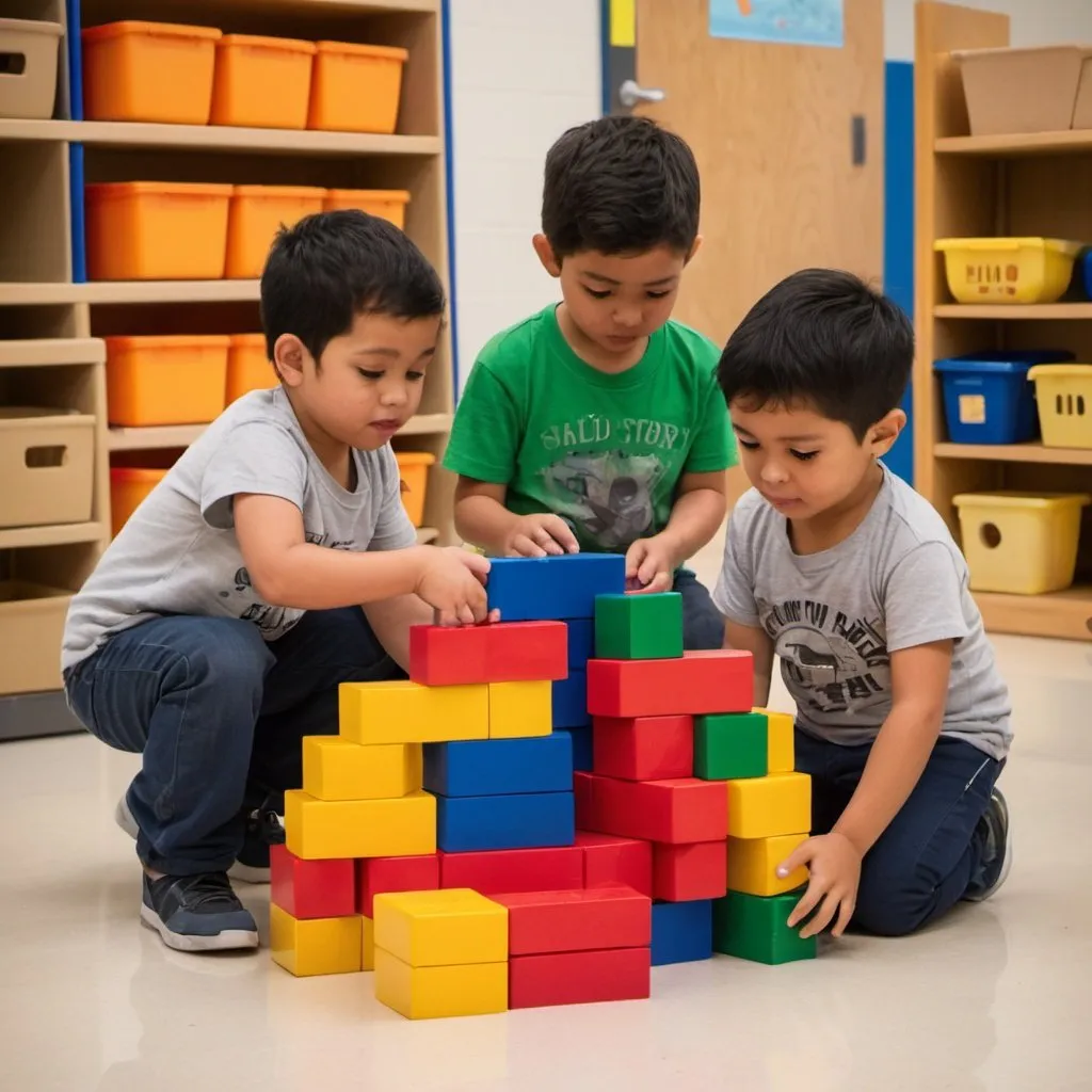 Prompt: Preschoolers, Javier and Ji are playing in the block area. They have stacked several large blocks on top of each other. Twice the blocks have fallen and each time they have modified their plan slightly to make them stay. Once stable, Ji counts the blocks and Javier turns to the teacher and proudly says, “Look at our 5 story building, you should shop here.”