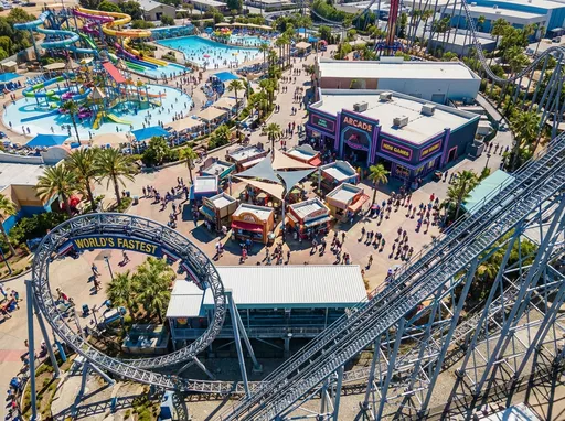 Prompt: theme park with arcades mini games and food court and water park and worlds fastest roller coaster
