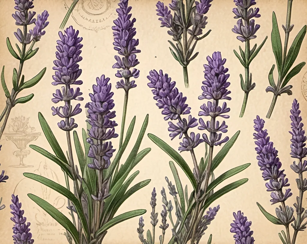 Prompt: (vintage scientific illustration of lavender), detailed botanical features, soft muted colors, delicate texture, aged paper effect, intricate shading, elegant composition, organic lines, antique aesthetic, natural environment, warm ambiance, ornate borders, high-resolution, artfully rendered, biodiverse background.