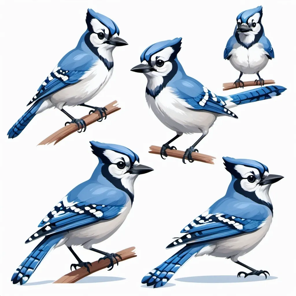 Prompt: (2D) blue jay in different poses, white background, children’s book illustration,  realistic, flat design, minimalist style, limited to 4 colors, playful expressions, thin outlines, cheerful ambiance, delightful and engaging, nostalgic and vintage feeling, HD quality.