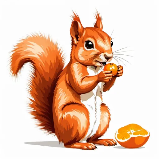 Prompt: (eating squirrel illustration), (transparent background), full body, whimsical and playful design, highly detailed orange fur texture, bright and vibrant color palette, charming expression, bold outlines for emphasis, suitable for art prints, captivating eyes that evoke curiosity, engaging pose to showcase character traits, 2D vector style, ultra-detailed elements.