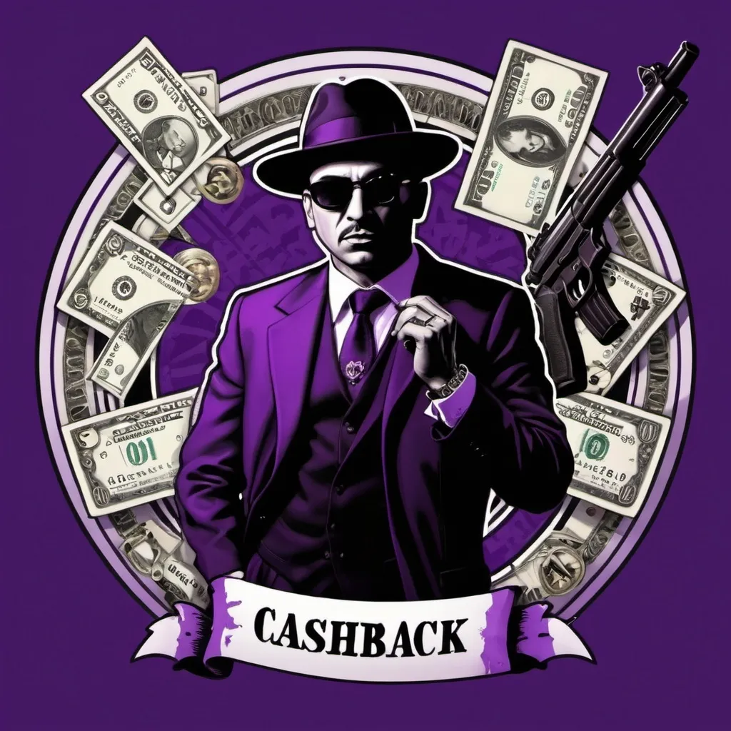 Prompt: on a purple varied background with icons of money, Weapons, mafia in the background and the inscription "CASHBLACK" around the center.