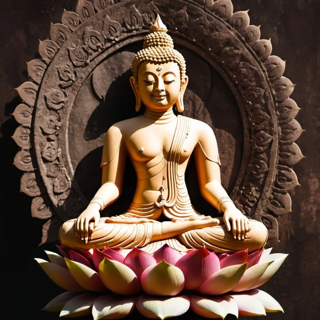 Prompt: A Buddha sit on the lotus. Image is Cambodia style. Buddha is clear background as sculpture image.