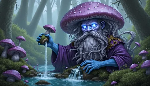 Prompt: A detailed digital painting of a humanoid figure with a purple mushroom-shaped head and a long, white beard, wearing a flowing purple robe and holding a small mushroom. The figure is standing in a lush, green forest near a babbling brook