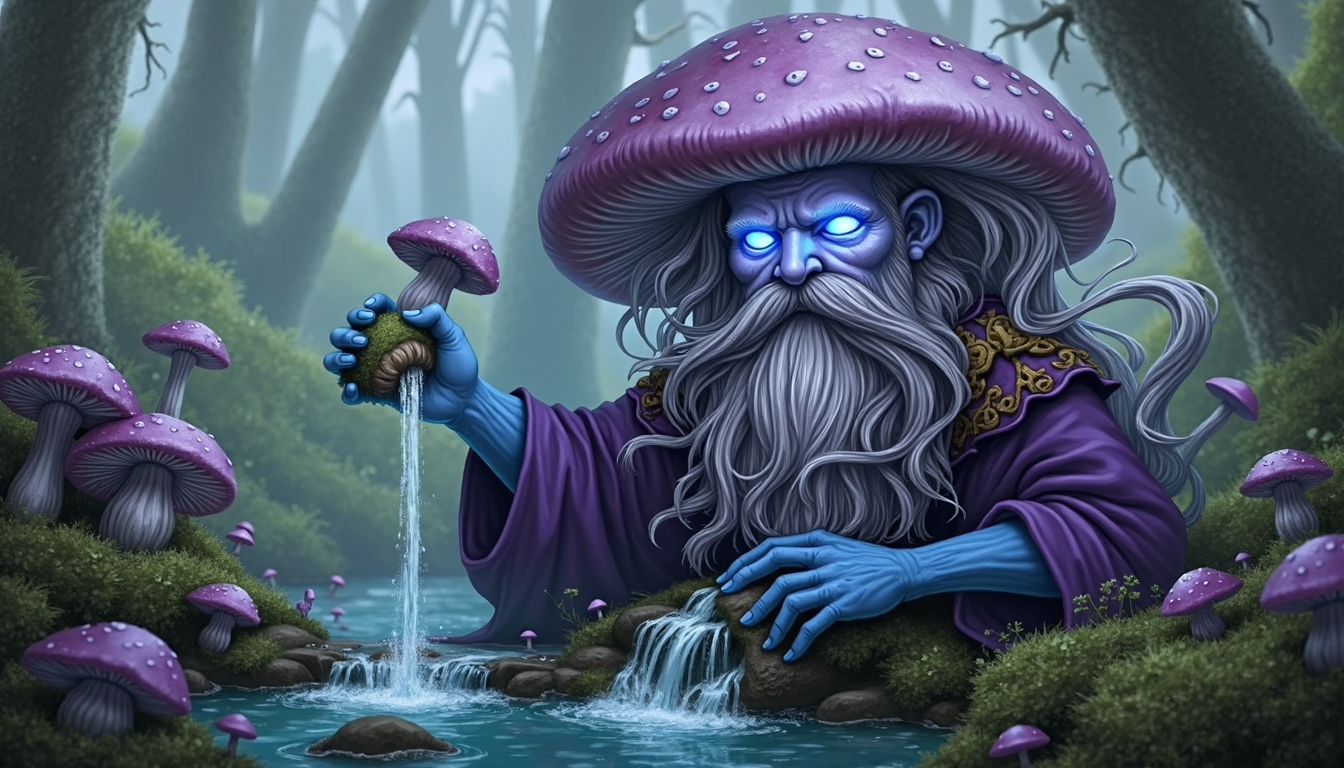 Prompt: A detailed digital painting of a humanoid figure with a purple mushroom-shaped head and a long, white beard, wearing a flowing purple robe and holding a small mushroom. The figure is standing in a lush, green forest near a babbling brook