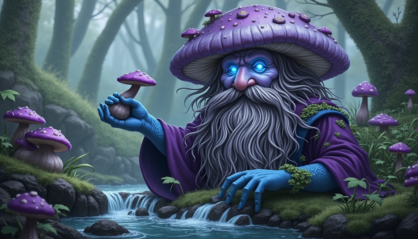 Prompt: A detailed digital painting of a humanoid figure with a purple mushroom-shaped head and a long, white beard, wearing a flowing purple robe and holding a small mushroom. The figure is standing in a lush, green forest near a babbling brook