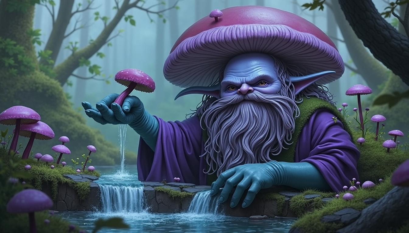 Prompt: A detailed digital painting of a humanoid figure with a purple mushroom-shaped head and a long, white beard, wearing a flowing purple robe and holding a small mushroom. The figure is standing in a lush, green forest near a babbling brook