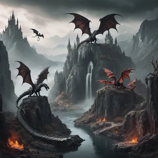 Prompt: A macabre fantasy land scape with dragons
