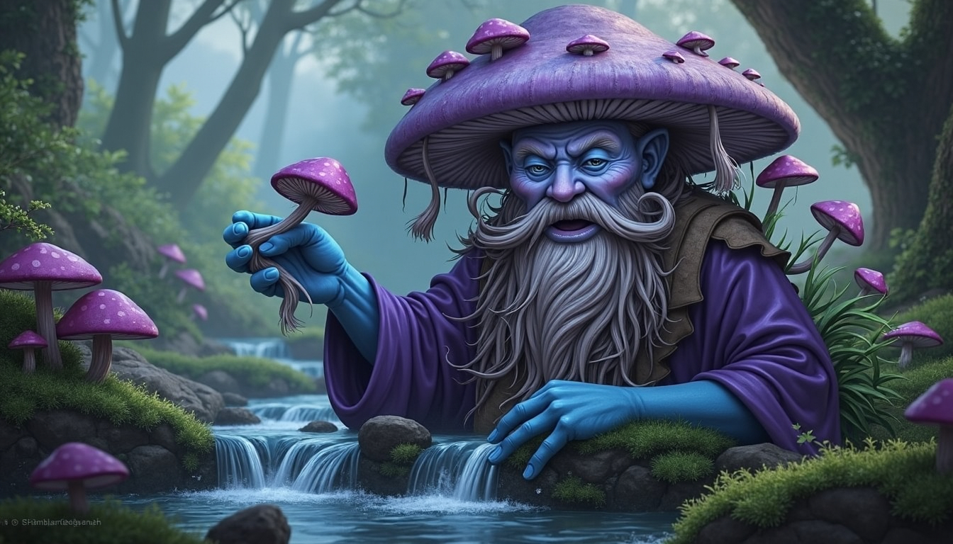 Prompt: A detailed digital painting of a humanoid figure with a purple mushroom-shaped head and a long, white beard, wearing a flowing purple robe and holding a small mushroom. The figure is standing in a lush, green forest near a babbling brook