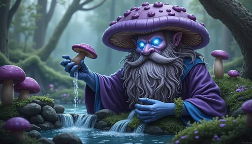 Prompt: A detailed digital painting of a humanoid figure with a purple mushroom-shaped head and a long, white beard, wearing a flowing purple robe and holding a small mushroom. The figure is standing in a lush, green forest near a babbling brook