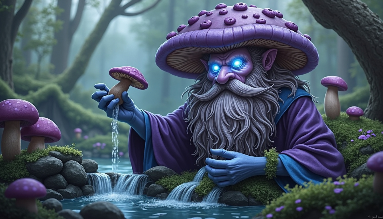 Prompt: A detailed digital painting of a humanoid figure with a purple mushroom-shaped head and a long, white beard, wearing a flowing purple robe and holding a small mushroom. The figure is standing in a lush, green forest near a babbling brook