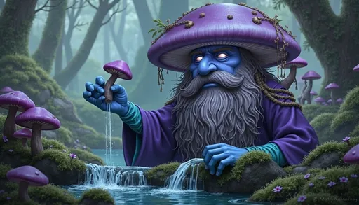 Prompt: A detailed digital painting of a humanoid figure with a purple mushroom-shaped head and a long, white beard, wearing a flowing purple robe and holding a small mushroom. The figure is standing in a lush, green forest near a babbling brook