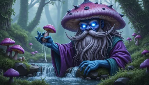 Prompt: A detailed digital painting of a humanoid figure with a purple mushroom-shaped head and a long, white beard, wearing a flowing purple robe and holding a small mushroom. The figure is standing in a lush, green forest near a babbling brook