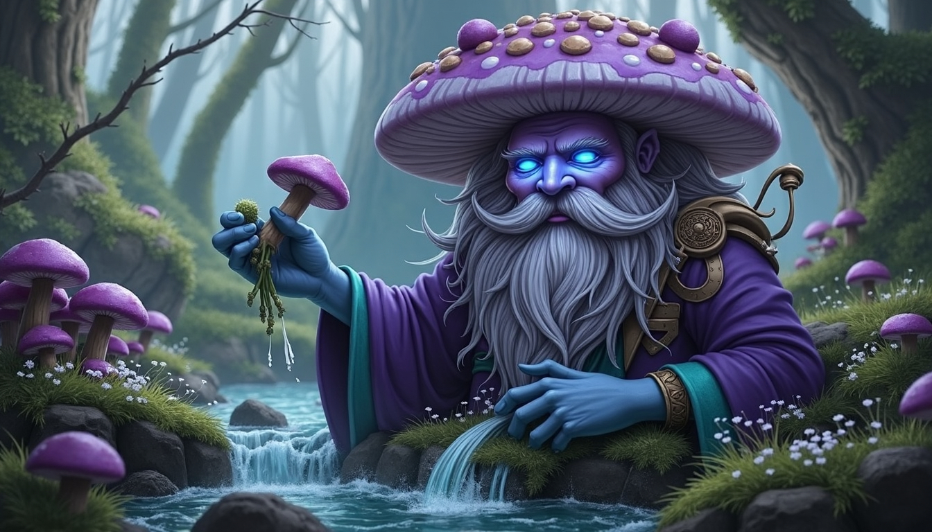 Prompt: A detailed digital painting of a humanoid figure with a purple mushroom-shaped head and a long, white beard, wearing a flowing purple robe and holding a small mushroom. The figure is standing in a lush, green forest near a babbling brook