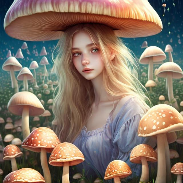 Prompt: A very pretty dreamy girl, beautiful face, upturned light hazel eyes, long floating hazel hair in a field of mushrooms in the super mario world, sitting on a mushroom art by Lin Fengmian, Anna dittmann, Justin Gaffrey, John Lowrie Morrison, Patty Maher, John Ruskin, Chris Friel, van Gogh, Valerie Hegarty, endre penovac. 3d, soft colors watercolors and ink, beautiful, fantastic view, extremely detailed, intricate, best quality, highest definition