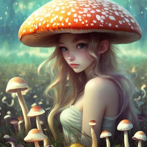 Prompt: A very pretty dreamy girl, beautiful face, upturned light hazel eyes, long floating hazel hair in a field of mushrooms in the super mario world, sitting on a mushroom art by Lin Fengmian, Anna dittmann, Justin Gaffrey, John Lowrie Morrison, Patty Maher, John Ruskin, Chris Friel, van Gogh, Valerie Hegarty, endre penovac. 3d, soft colors watercolors and ink, beautiful, fantastic view, extremely detailed, intricate, best quality, highest definition