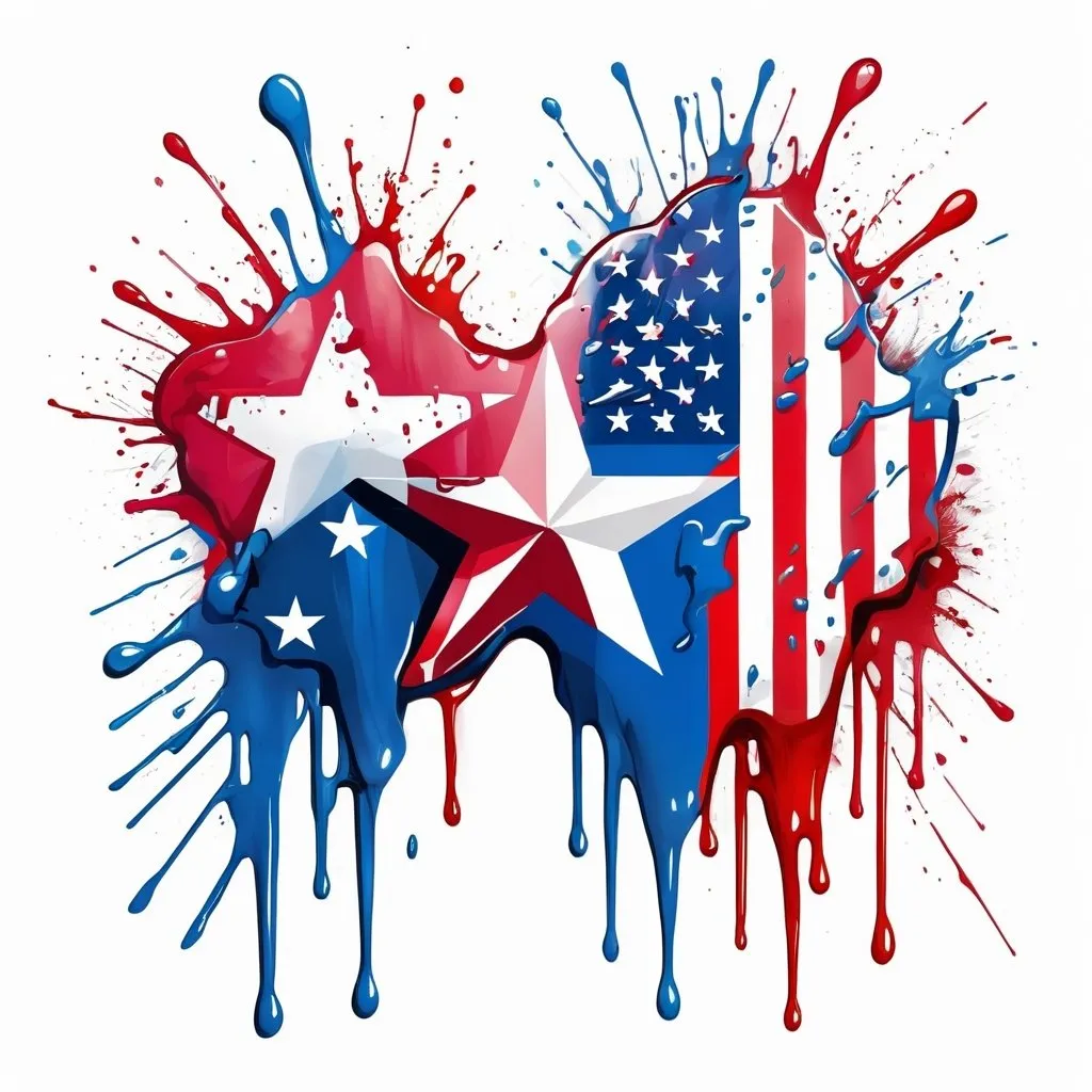 Prompt: Colorful graffiti illustration of a an american flag and a texas flag, paint splashes, vector t-shirt art, white background