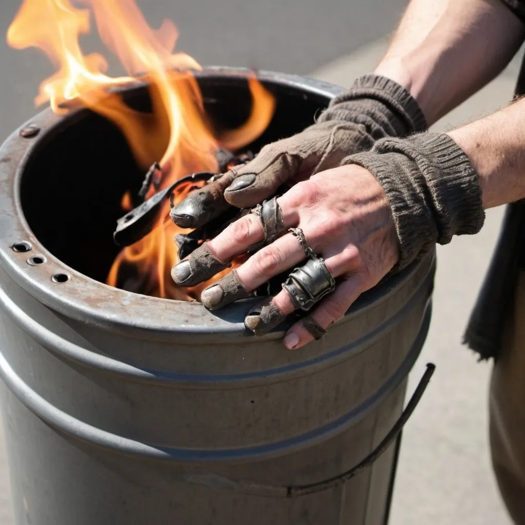 Prompt: A Hobo's hands wearing tattered fingerless gloves in front of a burning trashcan.