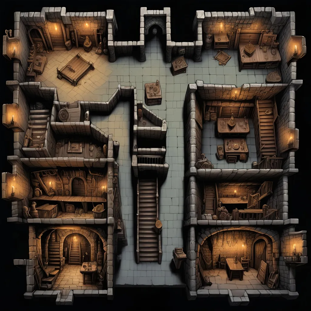 Prompt: A Dnd map with dark, A dungeon filled with corridors and large rooms with a stair way, the rooms are detailed with items from a thieves guild