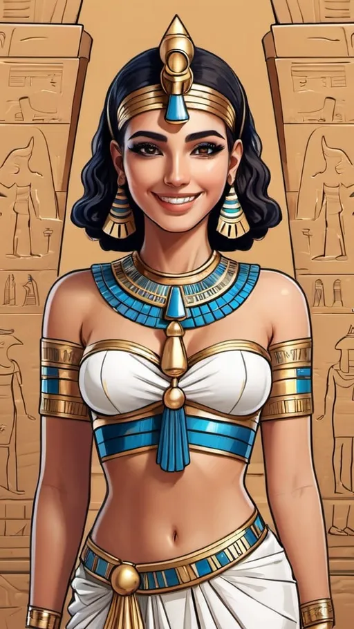 Prompt: most beautiful girl wearing cropped Egypt style costume, poses, smiling, line color illustration art