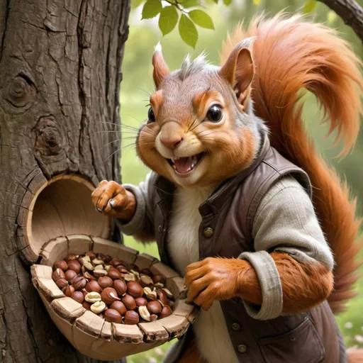 Prompt: A humanoid grandfather squirrel packing nuts into a tree. looks over and smiles wile holding a walnut.