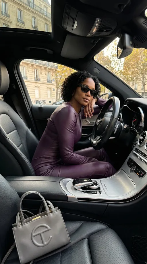 Prompt: Photograph of a Black woman with short, curly, black hair, wearing dark sunglasses and a tight, long-sleeved, dark purple leather outfit, seated in the driver seat of a Mercedes Benz car. She rests her head on her right hand, looking slightly to the side with a relaxed expression. The car's interior is sleek with black leather seats and a modern design. A grey telfar handbag with gold hardware is placed on the seat to her left. The background through the car windows shows an urban street scene with classical European-style buildings and a tree with autumn foliage. The lighting is soft, creating a warm, inviting atmosphere.