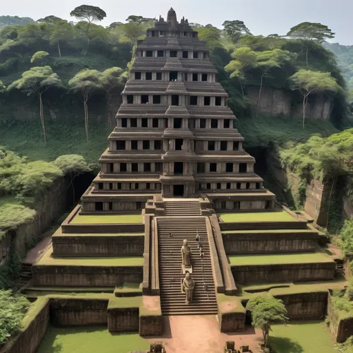 Prompt: The structure were a massive complex of gardens built on elevated terraces. It is located in a steep cliff. There are many slaves working. There is a huge statue of the god of wind wearing a crown.