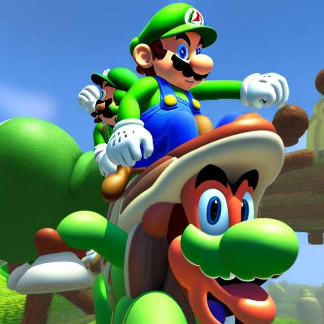 Prompt: Mario and Luigi riding yoshi