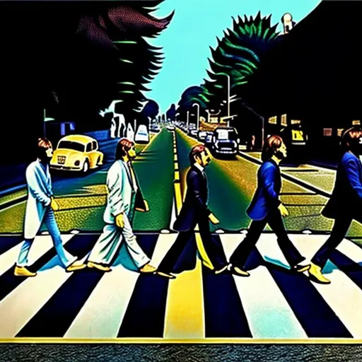 Prompt: The Beatles Crossing a Crosswalk album cover