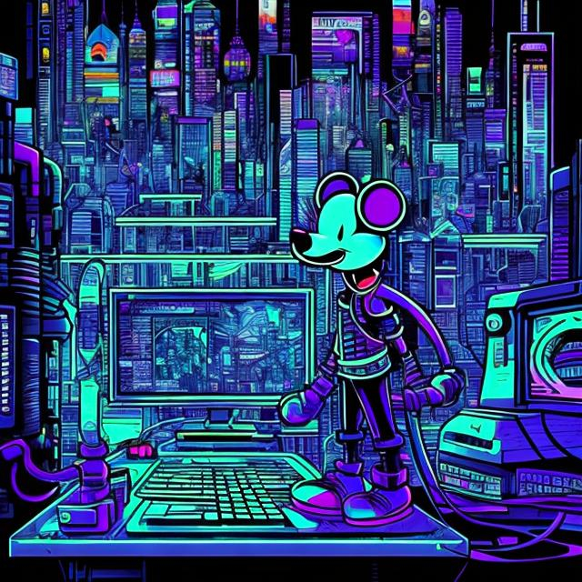 Prompt: Steamboat Willie, cartoony, mouse, cyberpunk