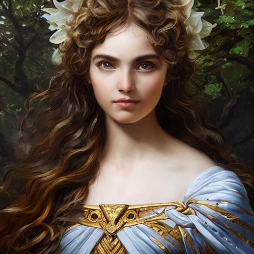 Prompt: Portrait of Artemis with wavy hair and with cute face, nature, perfect composition, hyperrealistic, super detailed, 8k, high quality, trending art, trending on artstation, sharp focus, studio photo, intricate details, highly detailed, by greg rutkowski, Ancient Greece, beautiful