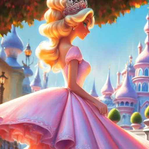 Prompt: Digital style painting, Princess Peach, style of Pixar, blue eyes, pink dress, Fragonard, highly-detailed, cinematic, washed out palette, soft pastel color palette, light trails, sunny day, translucent, iridescent, long hair, arms visible, perfect composition, hyperrealistic, super detailed, 8k, high quality, sharp focus, intricate details, highly detailed, dynamic lighting, detailed and intricate environment, highest quality