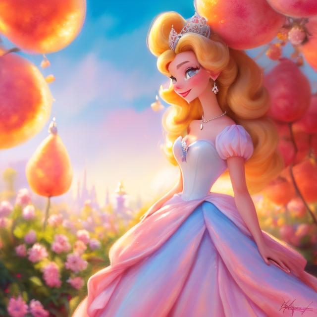 Prompt: Digital style painting, Princess Peach, style of Pixar, blue eyes, pink dress, Fragonard, highly-detailed, cinematic, washed out palette, soft pastel color palette, light trails, sunny day, translucent, iridescent, long hair, arms visible, perfect composition, hyperrealistic, super detailed, 8k, high quality, sharp focus, intricate details, highly detailed, dynamic lighting, detailed and intricate environment, highest quality