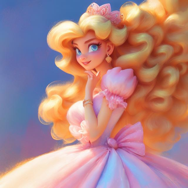 Prompt: Digital style painting, Princess Peach, style of Pixar, blue eyes, pink dress, Fragonard, highly-detailed, cinematic, washed out palette, soft pastel color palette, light trails, sunny day, translucent, iridescent, long hair, arms visible, perfect composition, hyperrealistic, super detailed, 8k, high quality, sharp focus, intricate details, highly detailed, dynamic lighting, detailed and intricate environment, highest quality