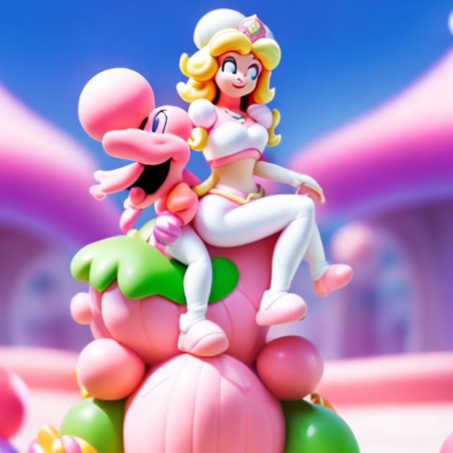 Prompt: Princess Peach riding Pink Yoshi